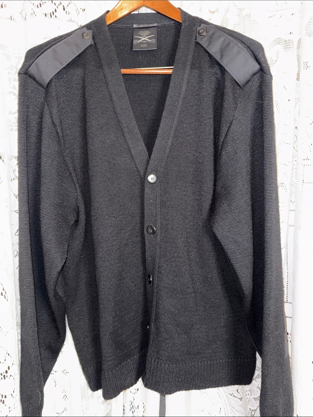 Men's Black Button-Front Cardigan with Epaulet Detail made in Uk